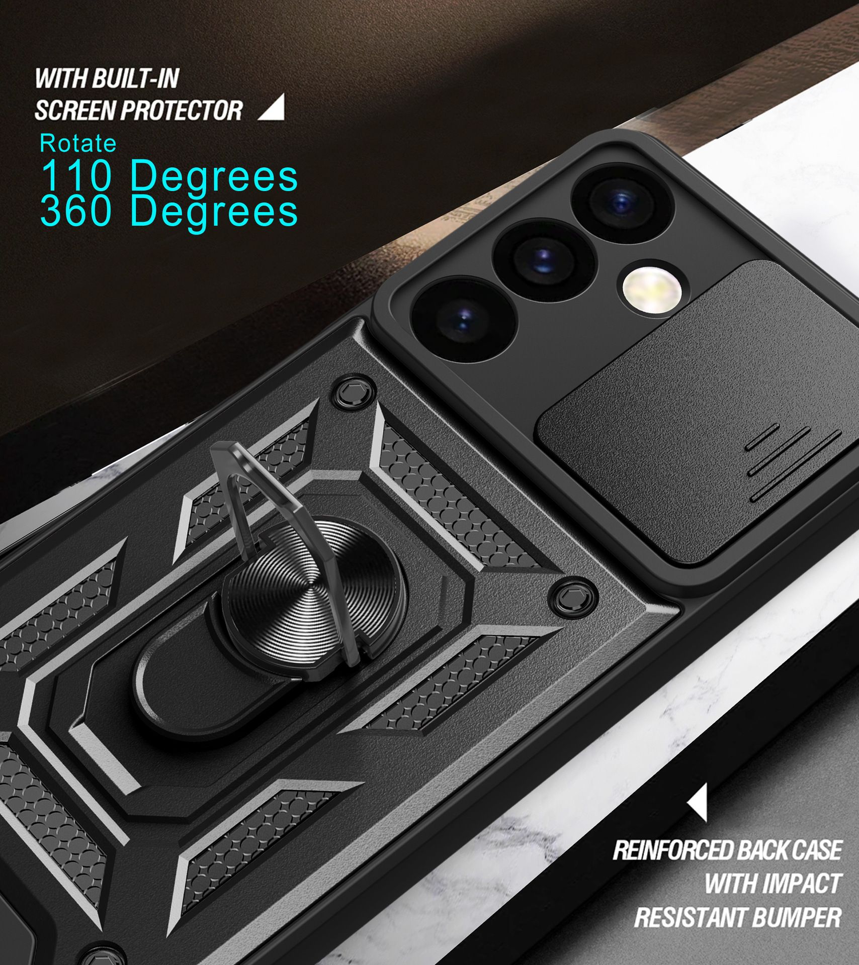 Samsung Galaxy S24 Phone Case with Sliding Camera Cover,Heavy Duty Rugged Military Grade Shockproof Built-in 360° Magnetic Stand Holder
