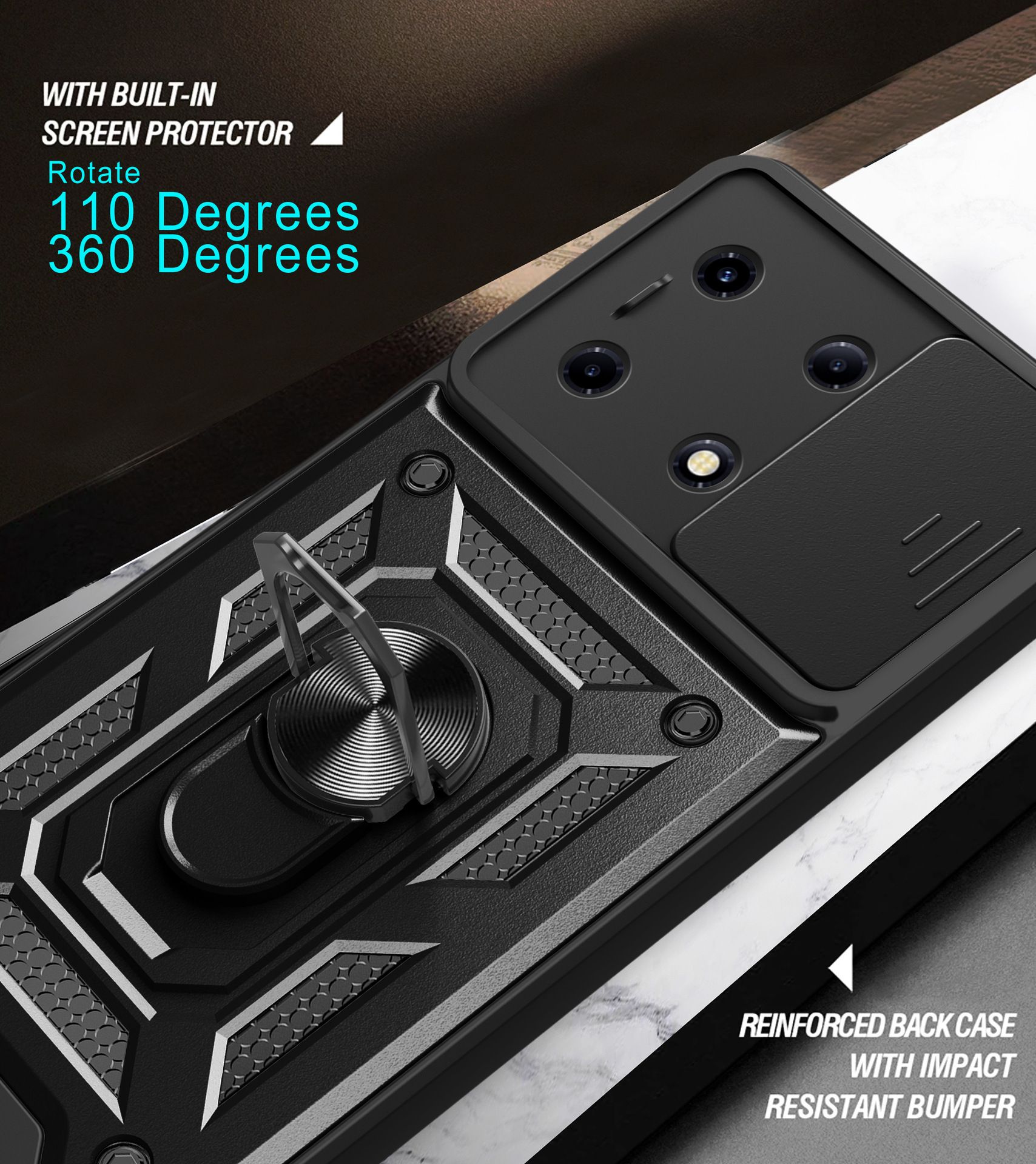 Infinix Note 30 VIP Phone Case with Sliding Camera Cover,Heavy Duty Rugged Military Grade Shockproof Built-in 360° Magnetic Stand Holder