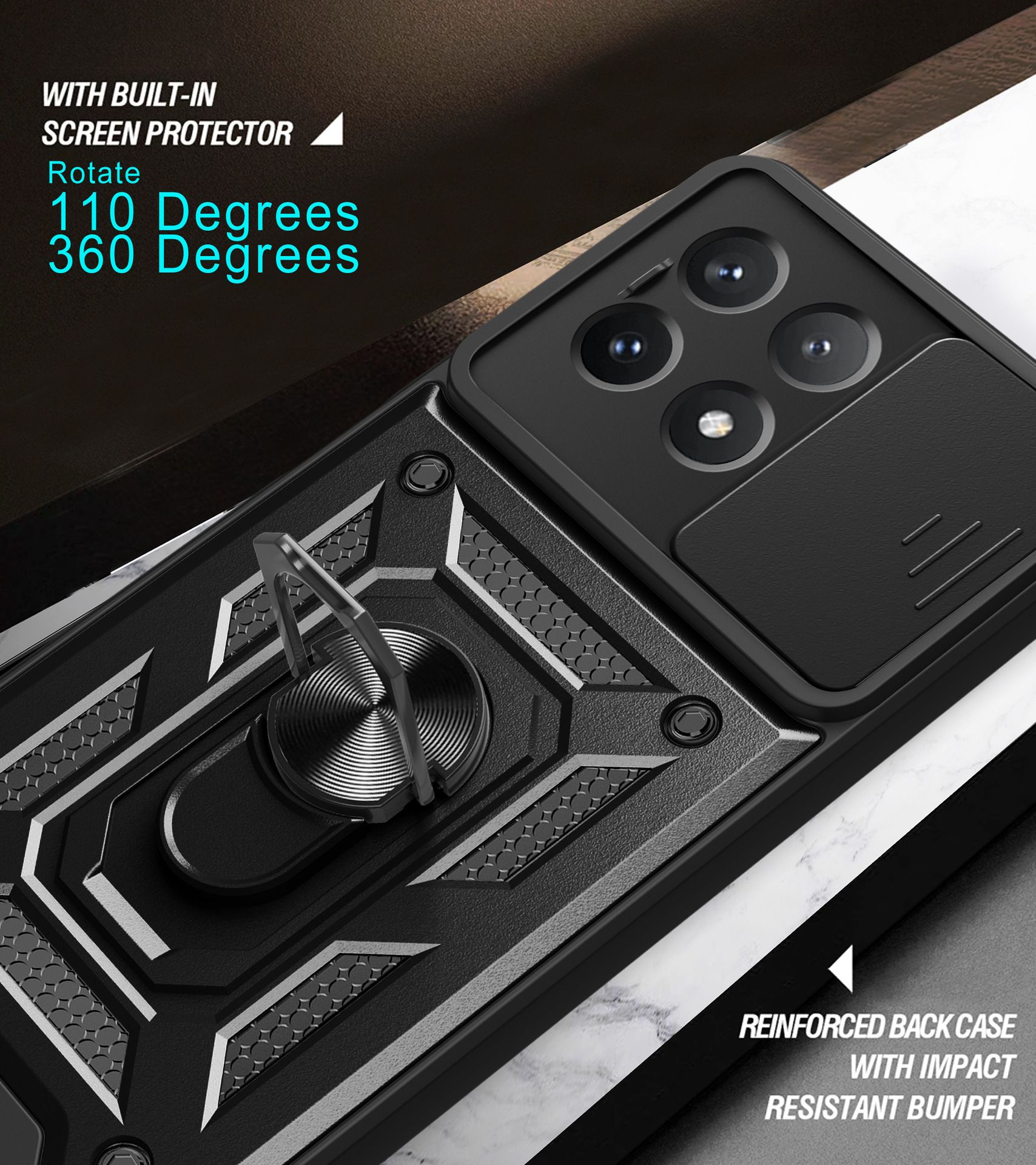 Xiaomi Poco X6 Pro 5G Phone Case with Sliding Camera Cover,Heavy Duty Rugged Military Grade Shockproof Built-in 360° Magnetic Stand Holder