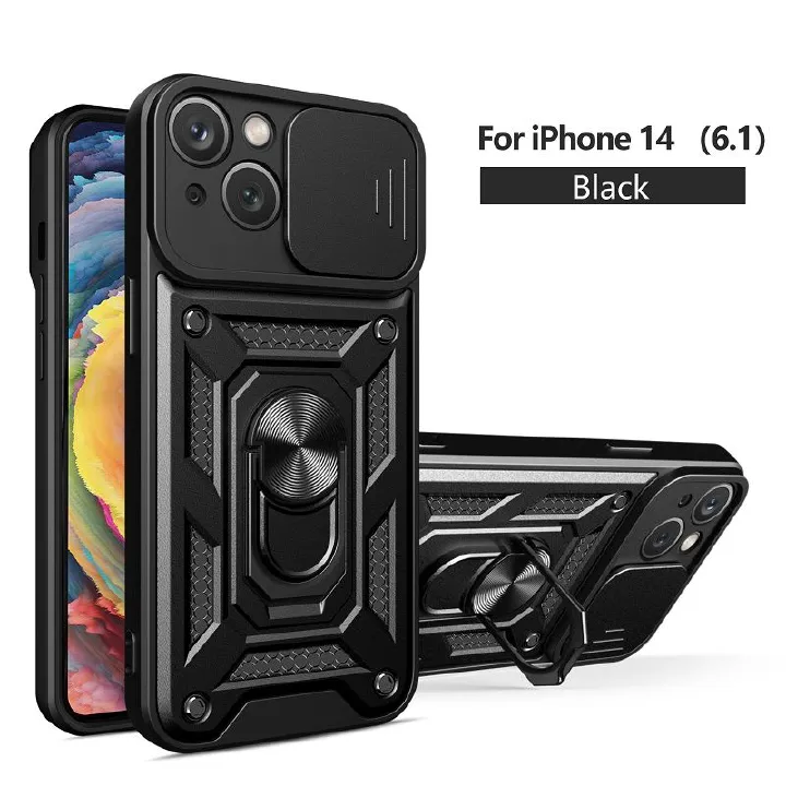 iPhone 14 Phone Case with Sliding Camera Cover,Heavy Duty Rugged Military Grade Shockproof Built-in 360° Magnetic Stand Holder