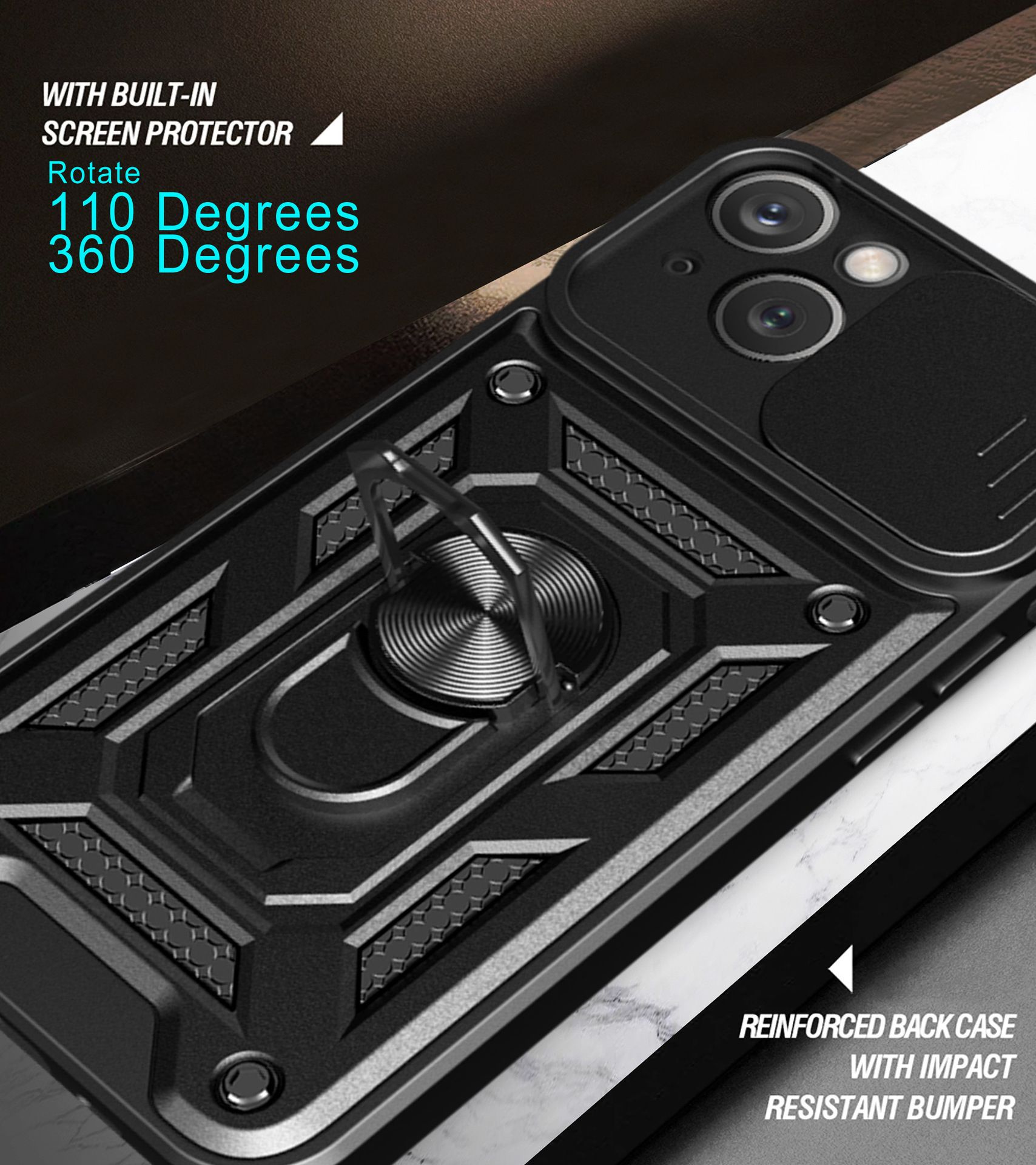 iPhone 14 Phone Case with Sliding Camera Cover,Heavy Duty Rugged Military Grade Shockproof Built-in 360° Magnetic Stand Holder