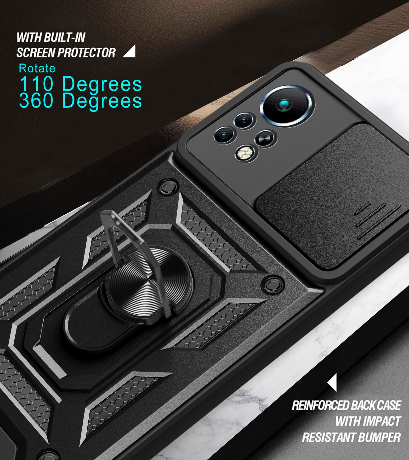 Infinix Note 11 Pro/Note 11S Phone Case with Sliding Camera Cover,Heavy Duty Rugged Military Grade Shockproof Built-in 360° Magnetic Stand Holder
