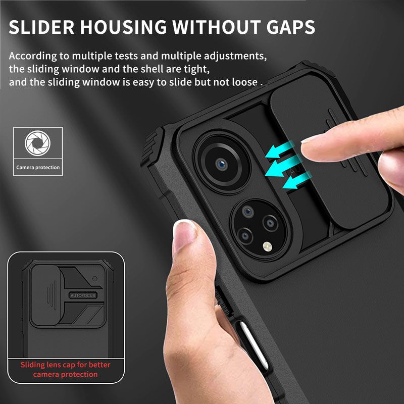 Phone Case For Honor X7 With Slide Camera Lens Cover Shockproof Armor Kickstand Case