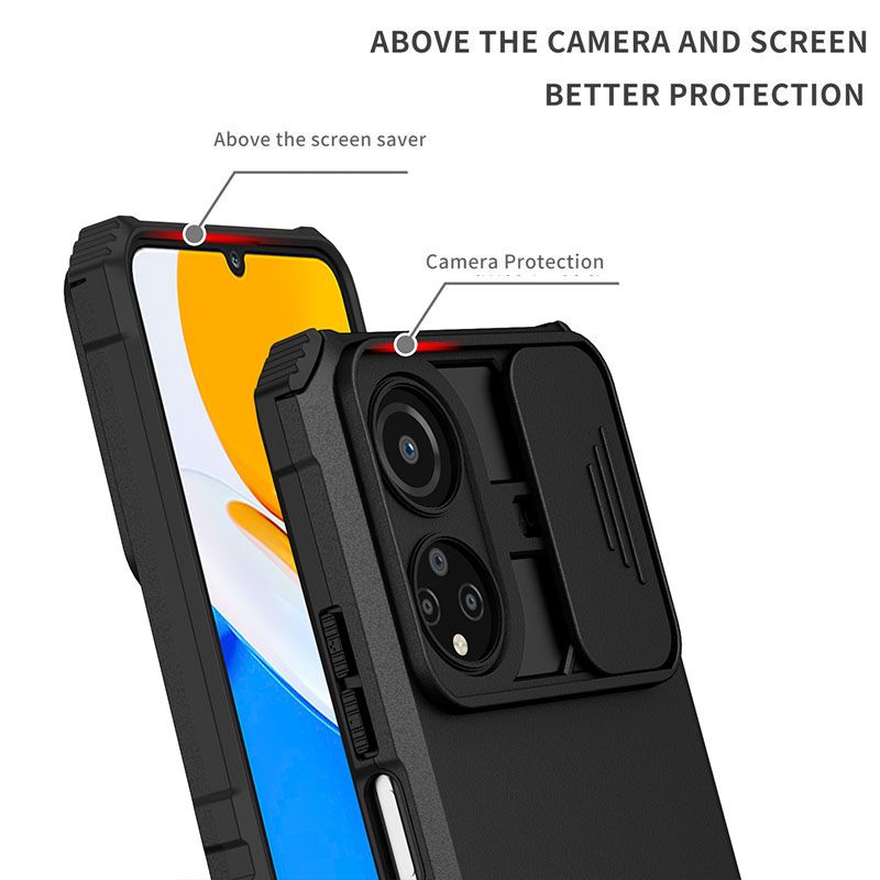 Phone Case For Honor X7 With Slide Camera Lens Cover Shockproof Armor Kickstand Case