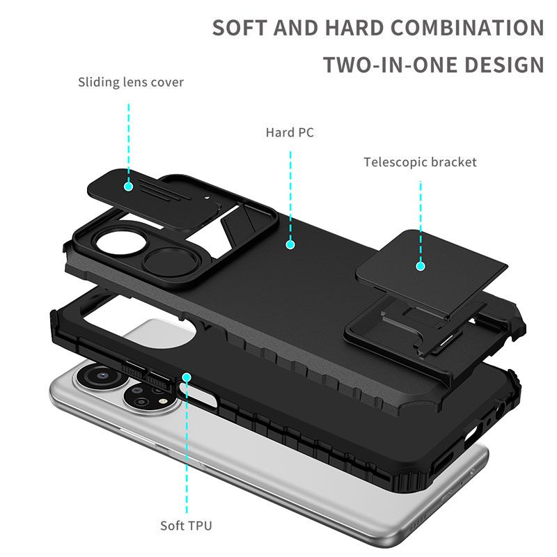 Phone Case For Honor X7 With Slide Camera Lens Cover Shockproof Armor Kickstand Case
