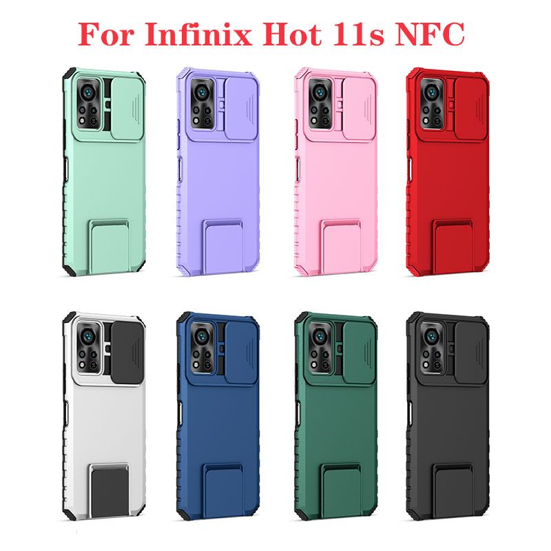 Phone Case For Infinix Hot 11s NFC With Slide Camera Lens Cover Shockproof Armor Kickstand Case