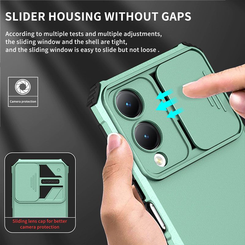 Phone Case For Vivo Y17S With Slide Camera Lens Cover Shockproof Armor Kickstand Case