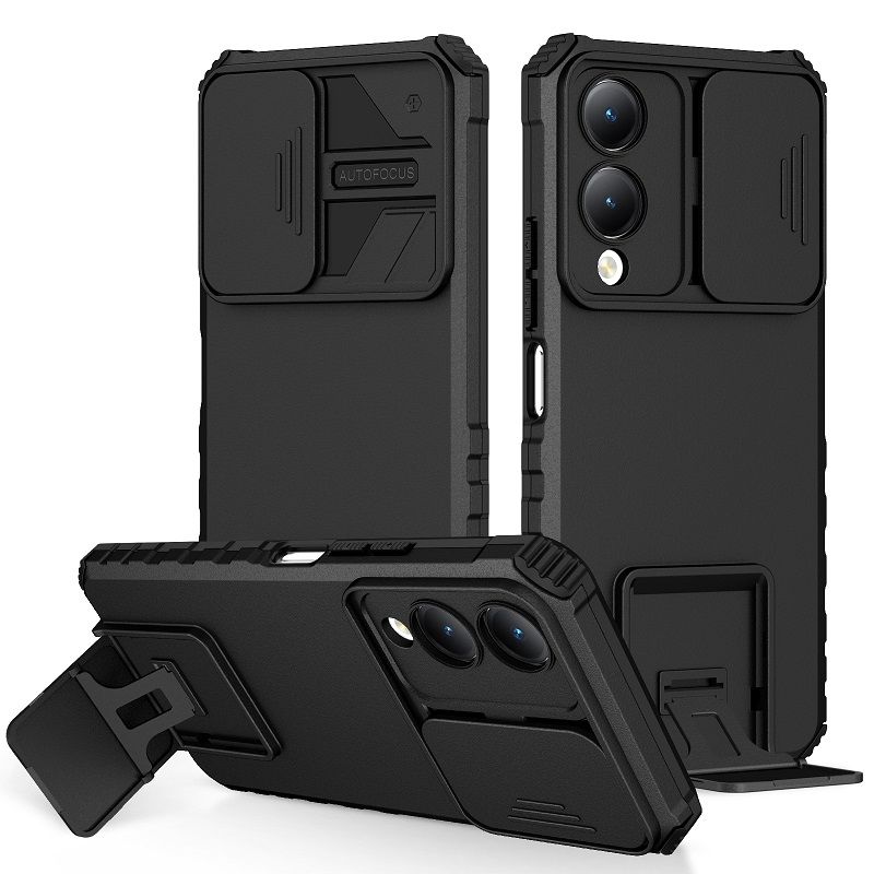 Phone Case For Vivo Y17S With Slide Camera Lens Cover Shockproof Armor Kickstand Case