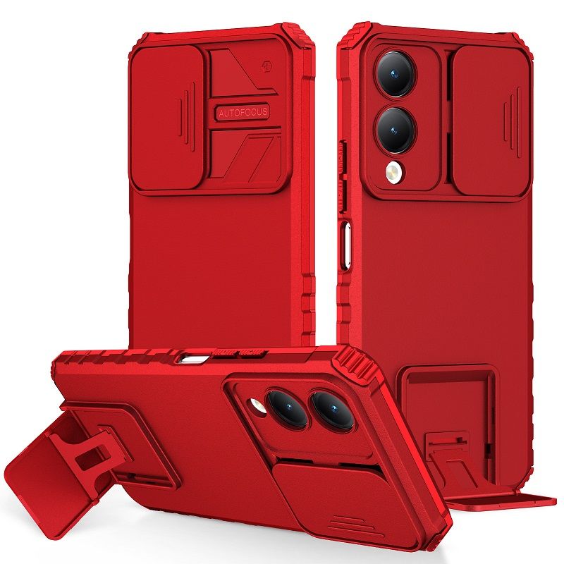 Phone Case For Vivo Y17S With Slide Camera Lens Cover Shockproof Armor Kickstand Case
