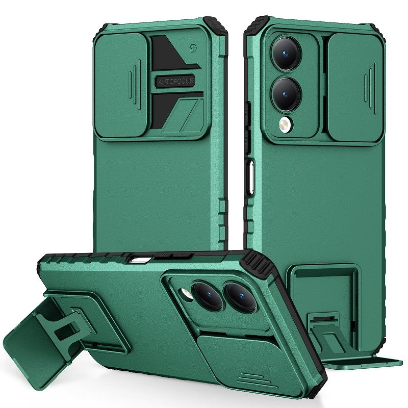Phone Case For Vivo Y17S With Slide Camera Lens Cover Shockproof Armor Kickstand Case