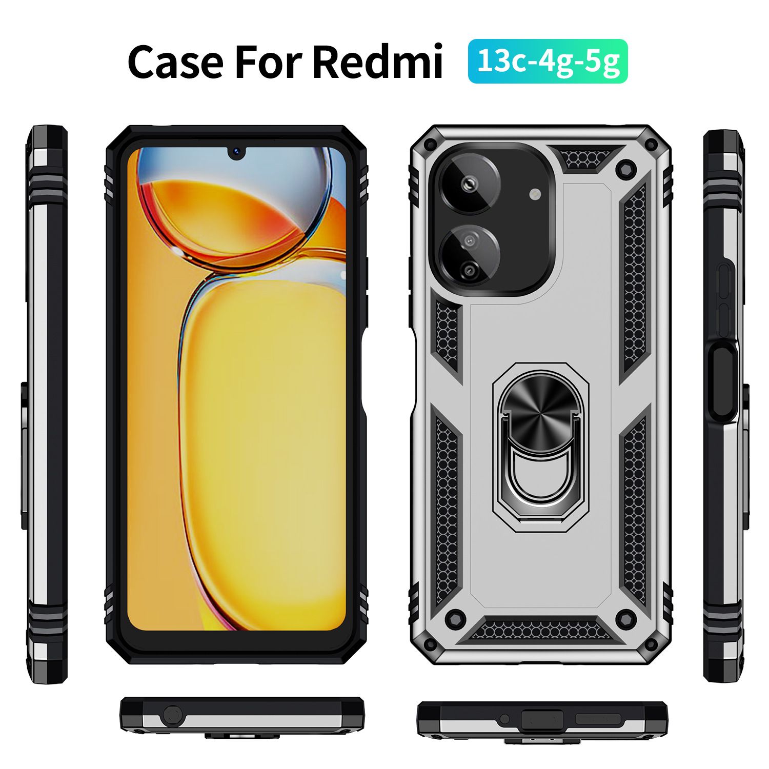 Phone Case For Xiaomi Redmi 13C Cover Drop Shock with 360 Metal Swivel Ring Bracket