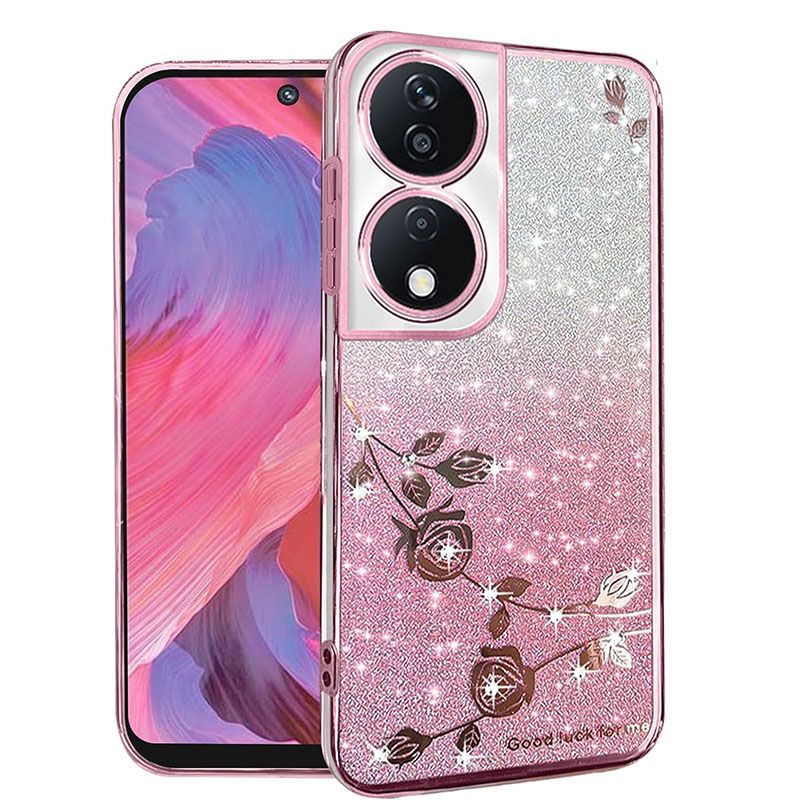 For Honor X7b Phone Case Flash Women's and Girls Pink Flower Transparent Shock Protection Luxury Diamond Shining Phone Case Soft TPU