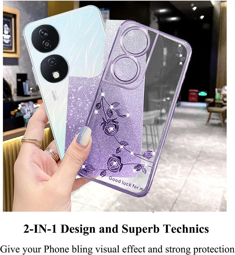 For Honor X7b Phone Case Flash Women's and Girls Pink Flower Transparent Shock Protection Luxury Diamond Shining Phone Case Soft TPU