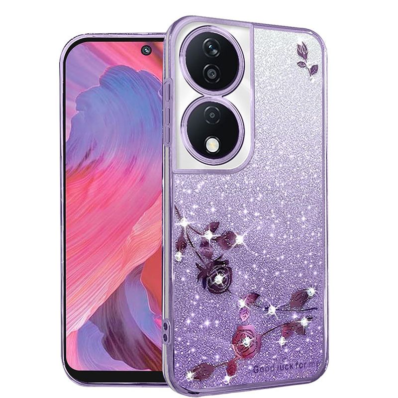 For Honor X7b Phone Case Flash Women's and Girls Pink Flower Transparent Shock Protection Luxury Diamond Shining Phone Case Soft TPU