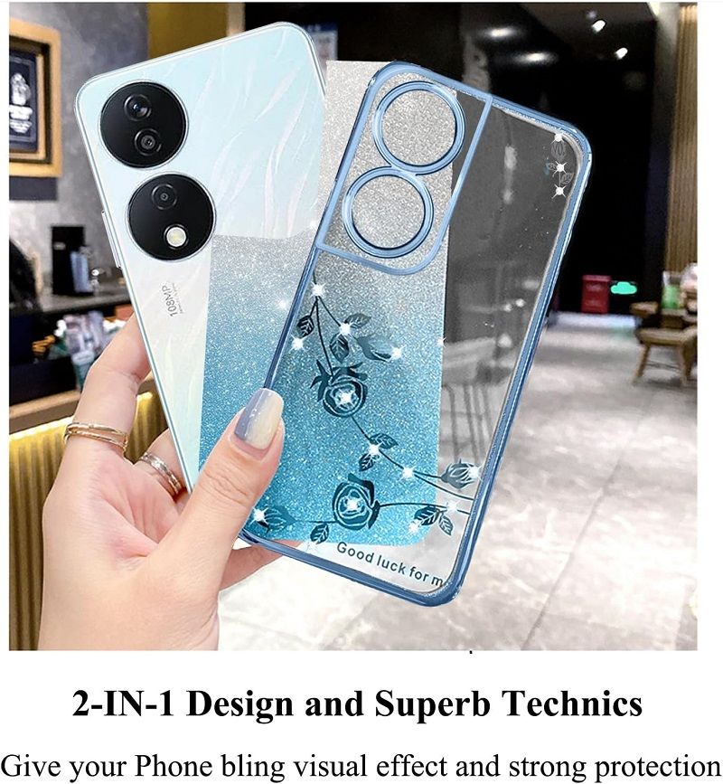 For Honor X7b Phone Case Flash Women's and Girls Pink Flower Transparent Shock Protection Luxury Diamond Shining Phone Case Soft TPU