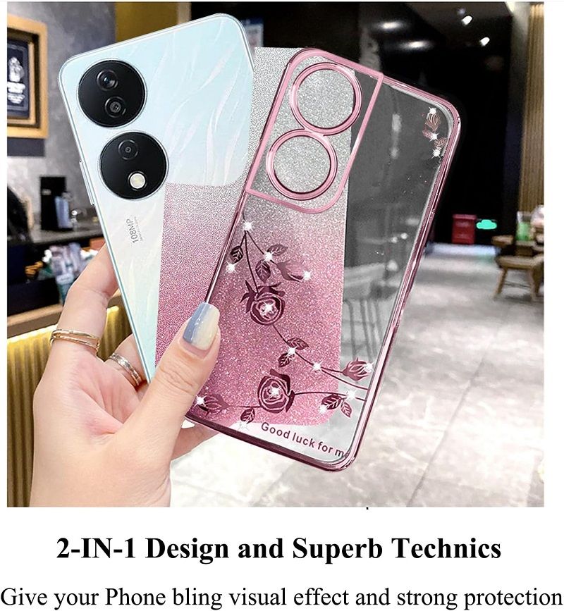 For Honor X7b Phone Case Flash Women's and Girls Pink Flower Transparent Shock Protection Luxury Diamond Shining Phone Case Soft TPU