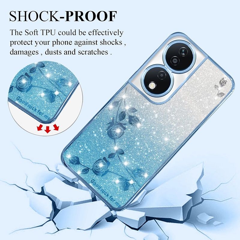 For Honor X7b Phone Case Flash Women's and Girls Pink Flower Transparent Shock Protection Luxury Diamond Shining Phone Case Soft TPU