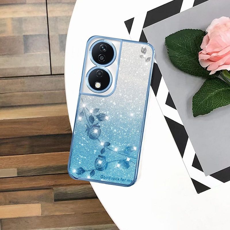 For Honor X7b Phone Case Flash Women's and Girls Pink Flower Transparent Shock Protection Luxury Diamond Shining Phone Case Soft TPU