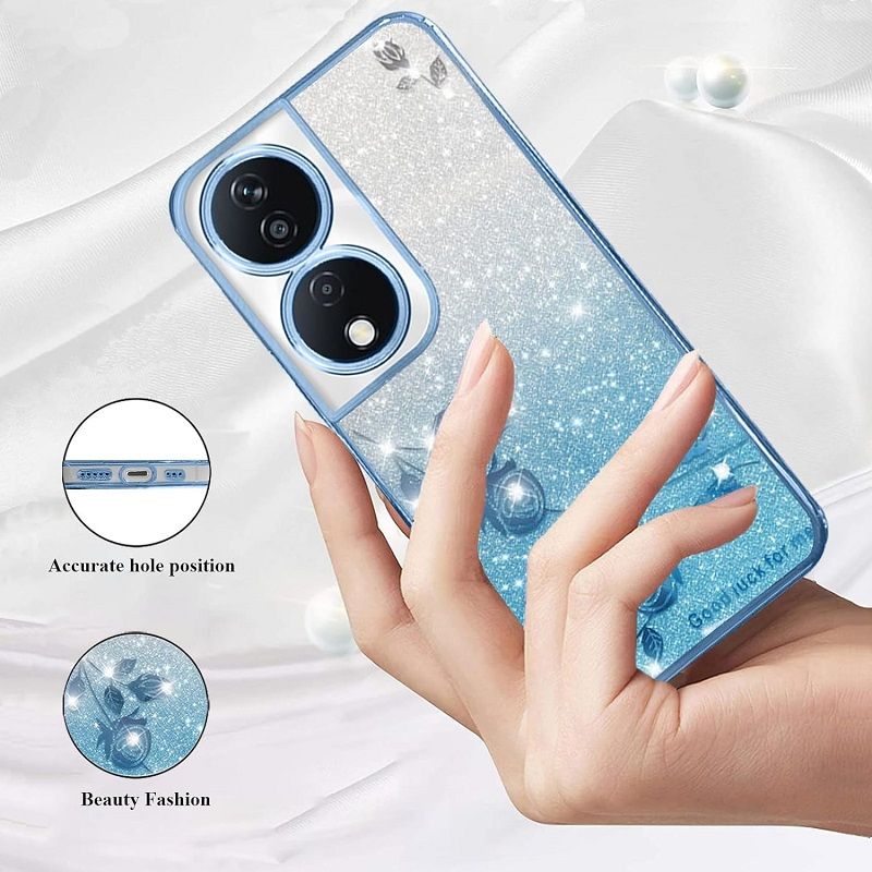 For Honor X7b Phone Case Flash Women's and Girls Pink Flower Transparent Shock Protection Luxury Diamond Shining Phone Case Soft TPU