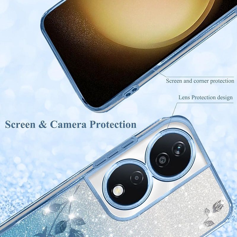 For Honor X7b Phone Case Flash Women's and Girls Pink Flower Transparent Shock Protection Luxury Diamond Shining Phone Case Soft TPU