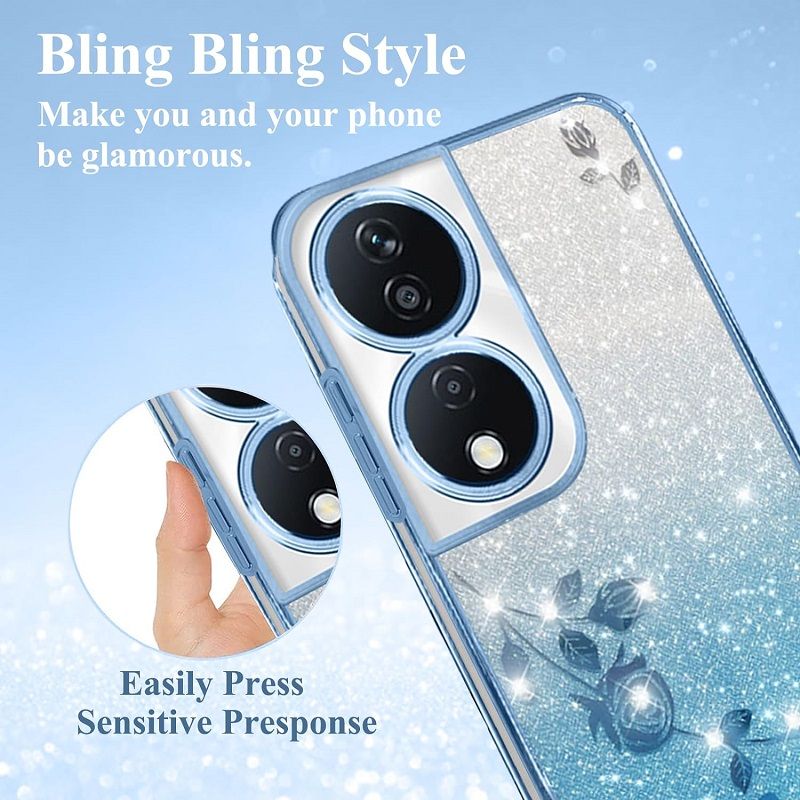 For Honor X7b Phone Case Flash Women's and Girls Pink Flower Transparent Shock Protection Luxury Diamond Shining Phone Case Soft TPU