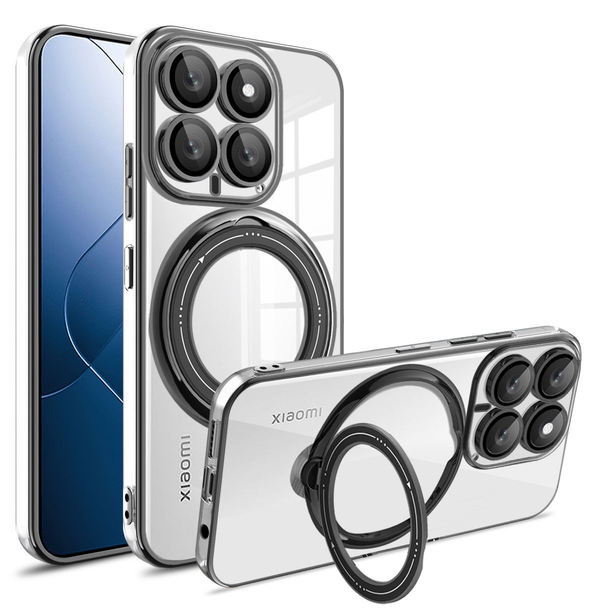 Phone Cover for Xiaomi 14 5G Cover Rotating Stand Electroplated Carbon Fibre Protective Case