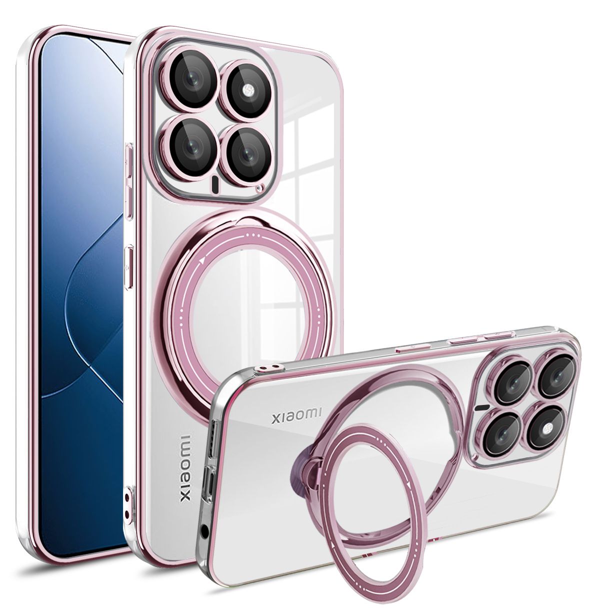 Phone Cover for Xiaomi 14 5G Cover Rotating Stand Electroplated Carbon Fibre Protective Case