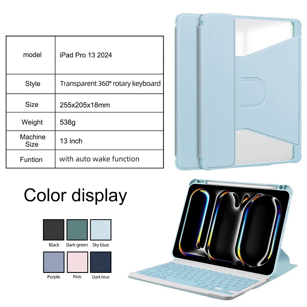 keyboard + Leather Tablet Case For Apple iPad Pro 13 (2024) , Shockproof Cover with Clear Back 360° Rotation Protective Cover