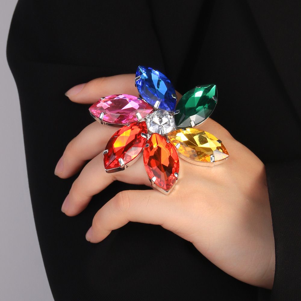 Seven Colours Flower Rhinestone Ring Fashion Open Ring Hand Jewellery Full Diamonds Accessories Ring