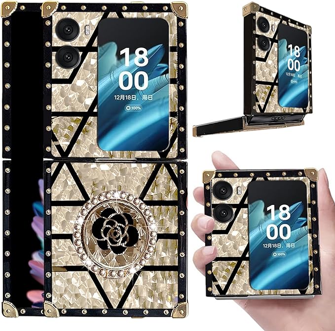 Square Phone Case For Oppo Find N2 Flip -5G With Ring Holder, Luxurious And Elegant Metal Decorative Corner Soft TPU Women's Protective Case