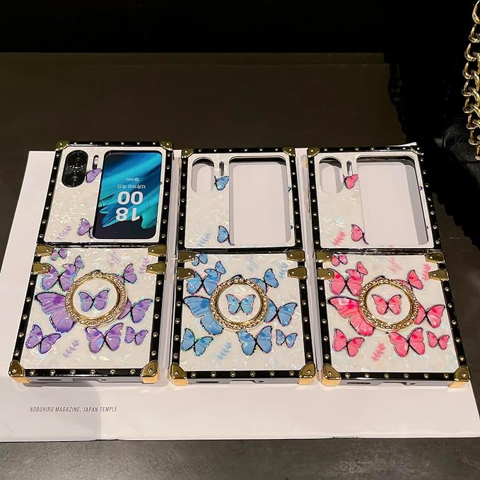 Square Phone Case For Oppo Find N2 Flip -5G With Ring Holder, Luxurious And Elegant Metal Decorative Corner Soft TPU Women's Protective Case