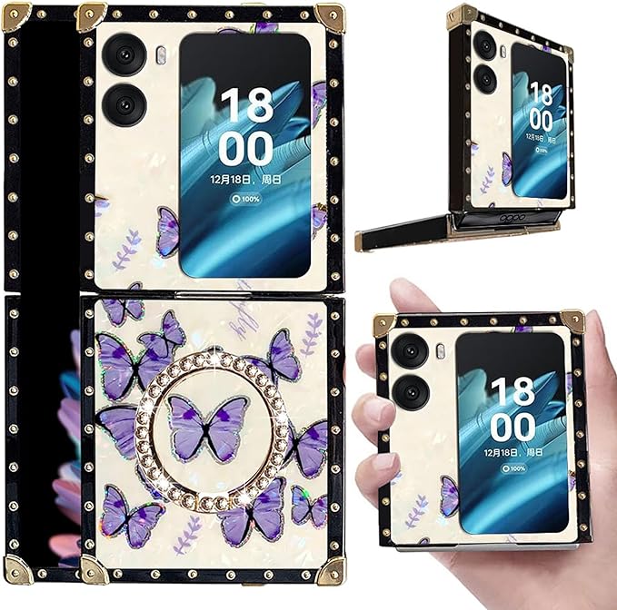 Square Phone Case For Oppo Find N2 Flip -5G With Ring Holder, Luxurious And Elegant Metal Decorative Corner Soft TPU Women's Protective Case