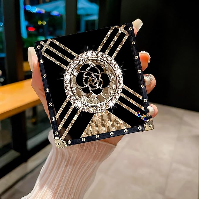 Square Phone Case For Oppo Find N2 Flip -5G With Ring Holder, Luxurious And Elegant Metal Decorative Corner Soft TPU Women's Protective Case