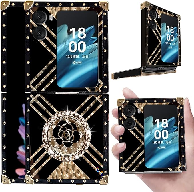 Square Phone Case For Oppo Find N2 Flip -5G With Ring Holder, Luxurious And Elegant Metal Decorative Corner Soft TPU Women's Protective Case