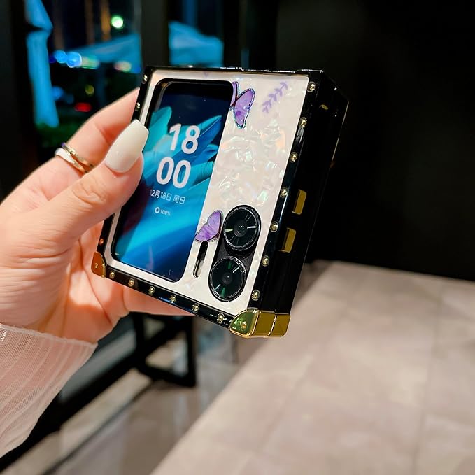 Square Phone Case For Oppo Find N2 Flip -5G With Ring Holder, Luxurious And Elegant Metal Decorative Corner Soft TPU Women's Protective Case