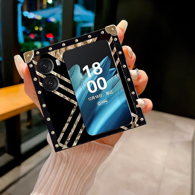 Square Phone Case For Oppo Find N2 Flip -5G With Ring Holder, Luxurious And Elegant Metal Decorative Corner Soft TPU Women's Protective Case