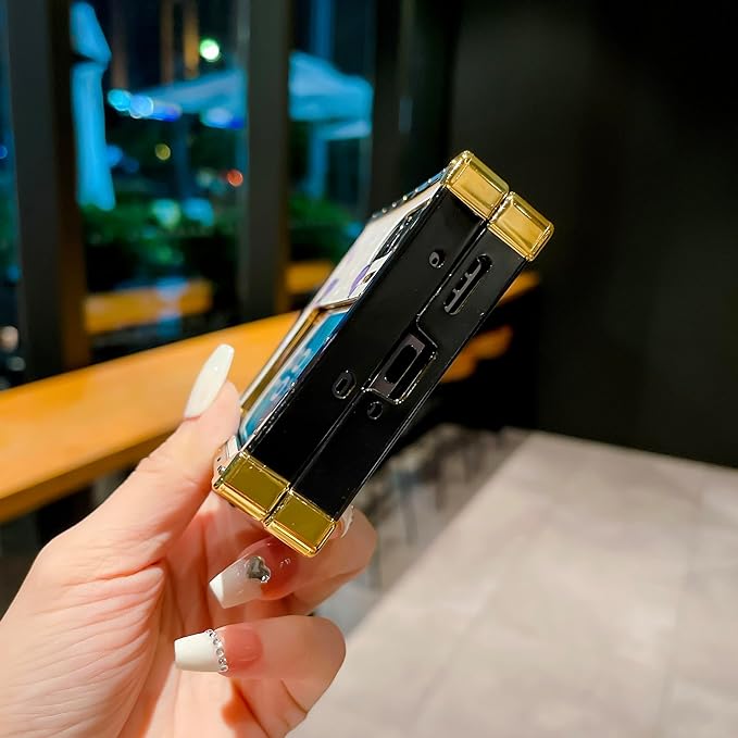 Square Phone Case For Oppo Find N2 Flip -5G With Ring Holder, Luxurious And Elegant Metal Decorative Corner Soft TPU Women's Protective Case