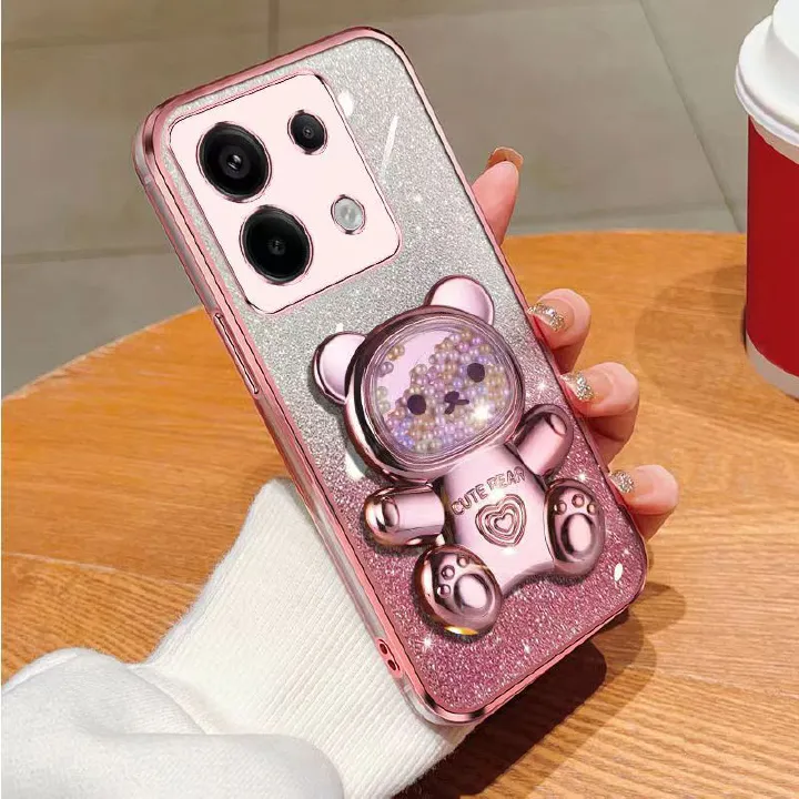 New - Transparent With Glitter Paper 2 in 1 Precision Hole Lens Phone Case (For Xiaomi Redmi Note 13 Pro -5G/ POCO X6 -5G) Pearl Bear Support Protective Back Cover