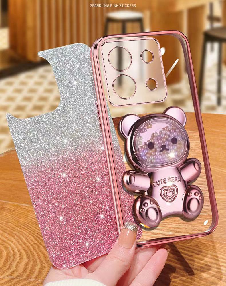 New - Transparent With Glitter Paper 2 in 1 Precision Hole Lens Phone Case (For Xiaomi Redmi Note 13 Pro -5G/ POCO X6 -5G) Pearl Bear Support Protective Back Cover