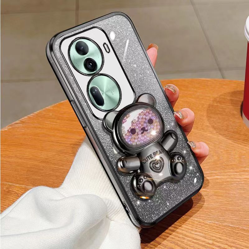 New - Transparent With Glitter Paper 2 in 1 Precision Hole Lens Phone Case (For OPPO Reno 11 Pro -5G) Pearl Bear Support Protective Back Cover