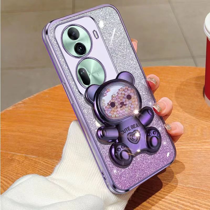 New - Transparent With Glitter Paper 2 in 1 Precision Hole Lens Phone Case (For OPPO Reno 11 Pro -5G) Pearl Bear Support Protective Back Cover