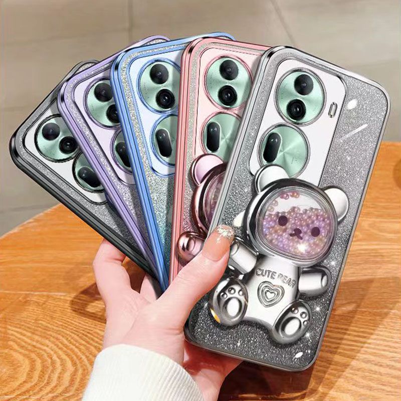 New - Transparent With Glitter Paper 2 in 1 Precision Hole Lens Phone Case (For OPPO Reno 11 Pro -5G) Pearl Bear Support Protective Back Cover