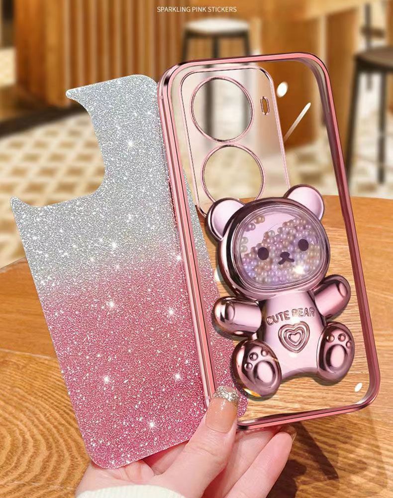 New - Transparent With Glitter Paper 2 in 1 Precision Hole Lens Phone Case (For OPPO Reno 11 Pro -5G) Pearl Bear Support Protective Back Cover