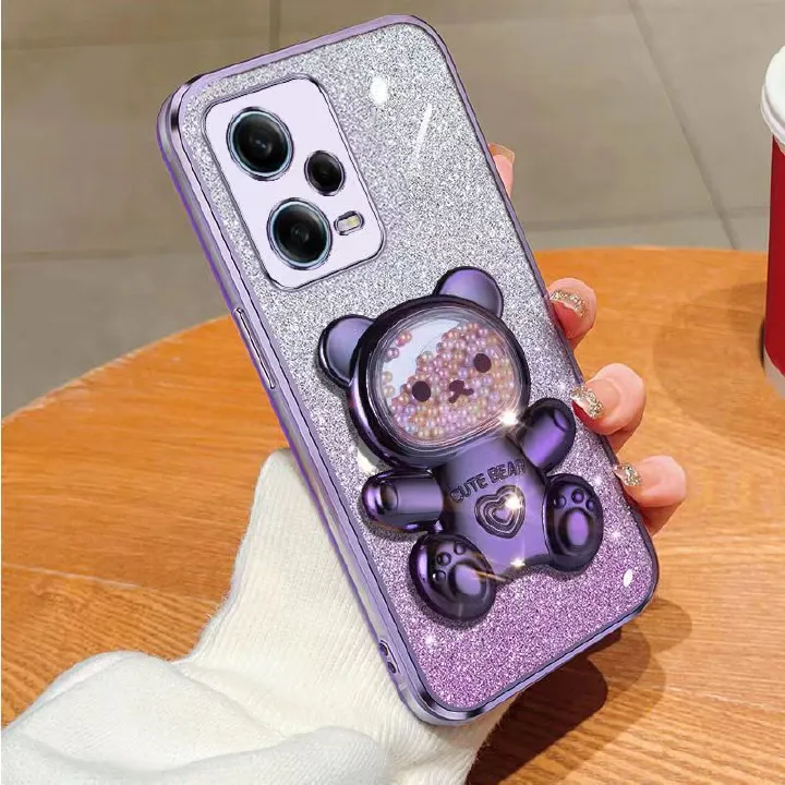 New - Transparent With Glitter Paper 2 in 1 Precision Hole Lens Phone Case (For Xiaomi Redmi Note 12 Pro -5G) Pearl Bear Support Protective Back Cover