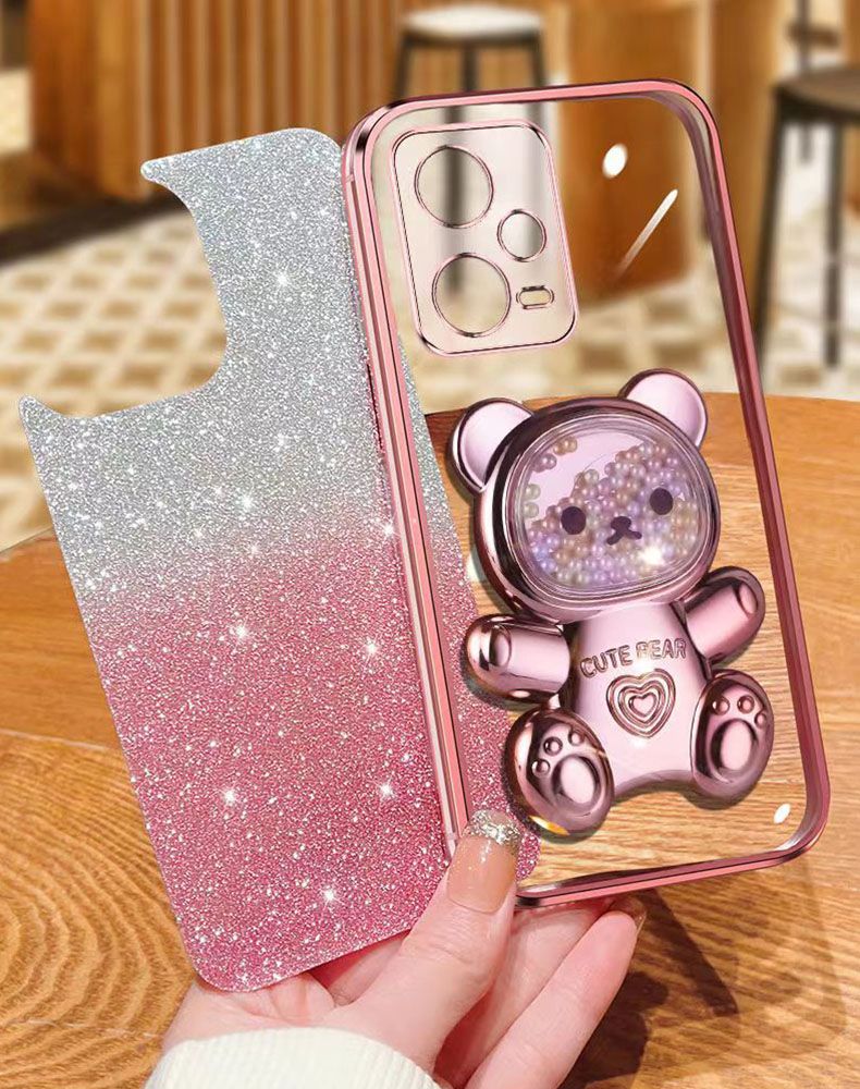 New - Transparent With Glitter Paper 2 in 1 Precision Hole Lens Phone Case (For Xiaomi Redmi Note 12 Pro -5G) Pearl Bear Support Protective Back Cover