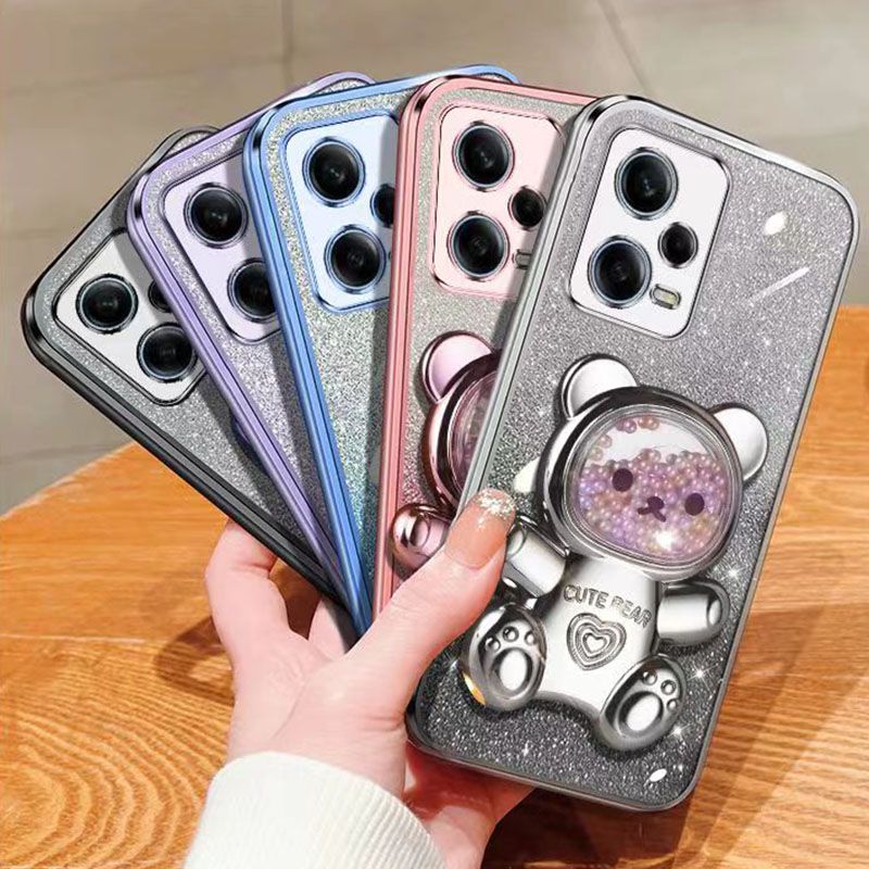 New - Transparent With Glitter Paper 2 in 1 Precision Hole Lens Phone Case (For Xiaomi Redmi Note 12 Pro+ Plus -5G) Pearl Bear Support Protective Back Cover