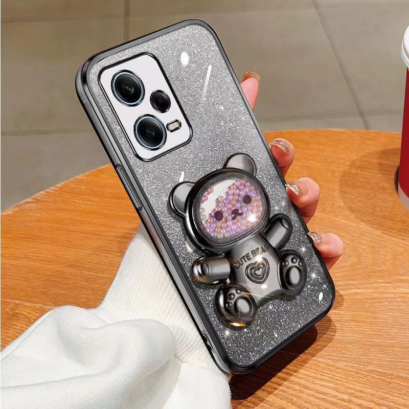 New - Transparent With Glitter Paper 2 in 1 Precision Hole Lens Phone Case (For Xiaomi Redmi Note 12 Pro+ Plus -5G) Pearl Bear Support Protective Back Cover