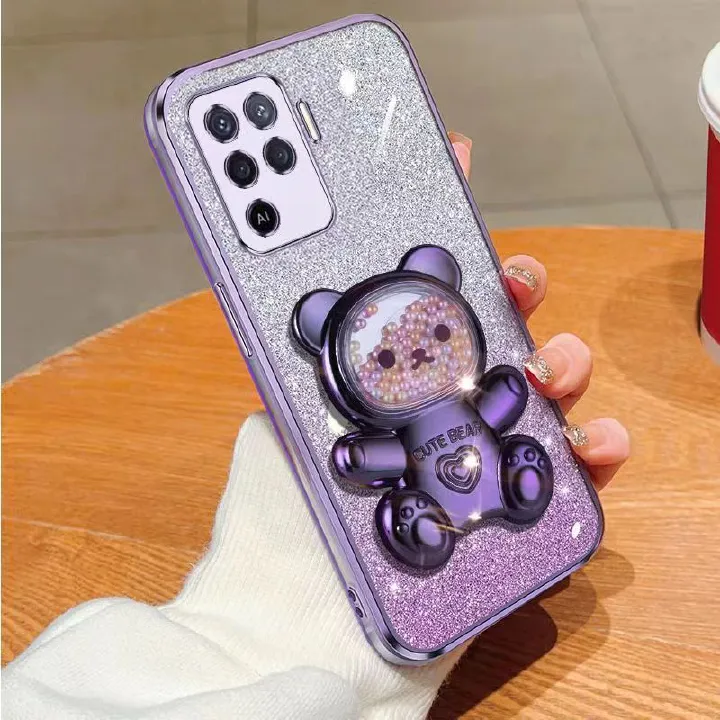 New - Transparent With Glitter Paper 2 in 1 Precision Hole Lens Phone Case (For OPPO A94 -4G/ Reno 5F/ Reno 5 Lite/ F19 Pro) Pearl Bear Support Protective Back Cover