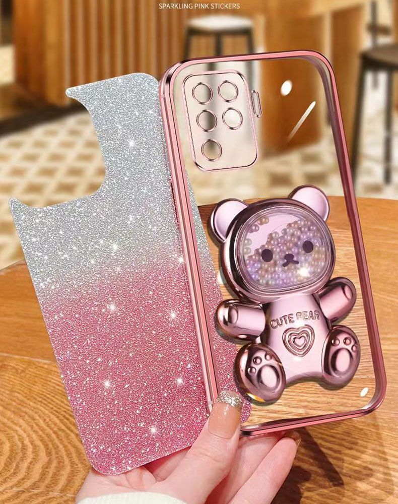 New - Transparent With Glitter Paper 2 in 1 Precision Hole Lens Phone Case (For OPPO A94 -4G/ Reno 5F/ Reno 5 Lite/ F19 Pro) Pearl Bear Support Protective Back Cover
