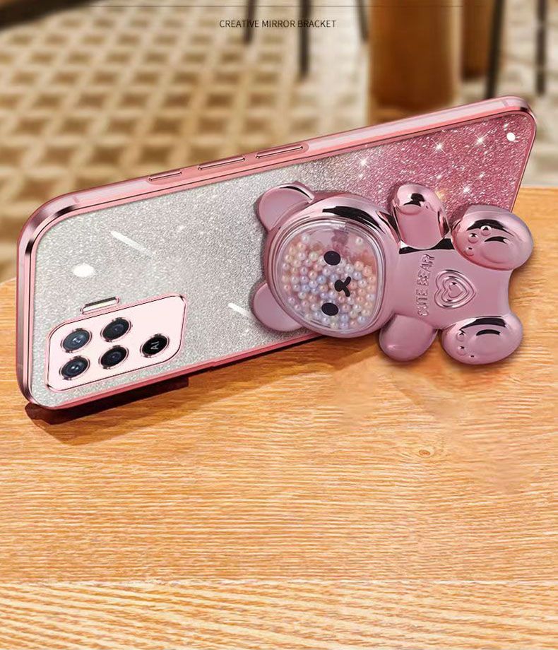 New - Transparent With Glitter Paper 2 in 1 Precision Hole Lens Phone Case (For OPPO A94 -4G/ Reno 5F/ Reno 5 Lite/ F19 Pro) Pearl Bear Support Protective Back Cover